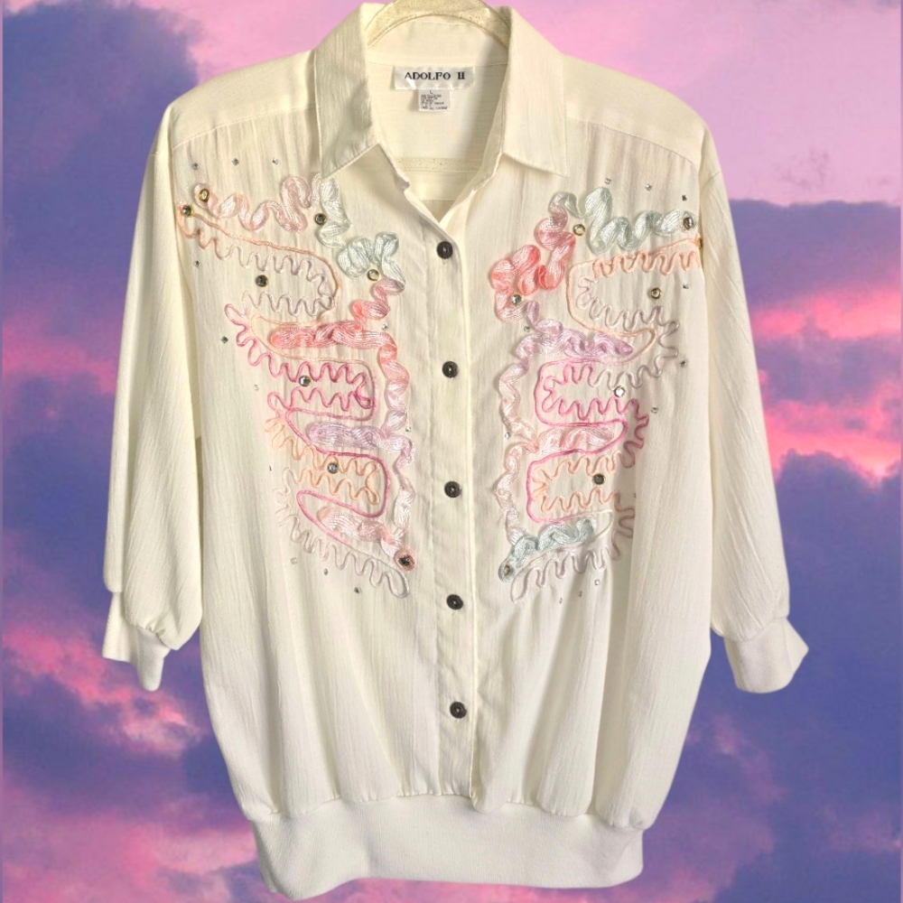 💖Vintage Pastel Rhinestone & Ribbon Adorned Top💖